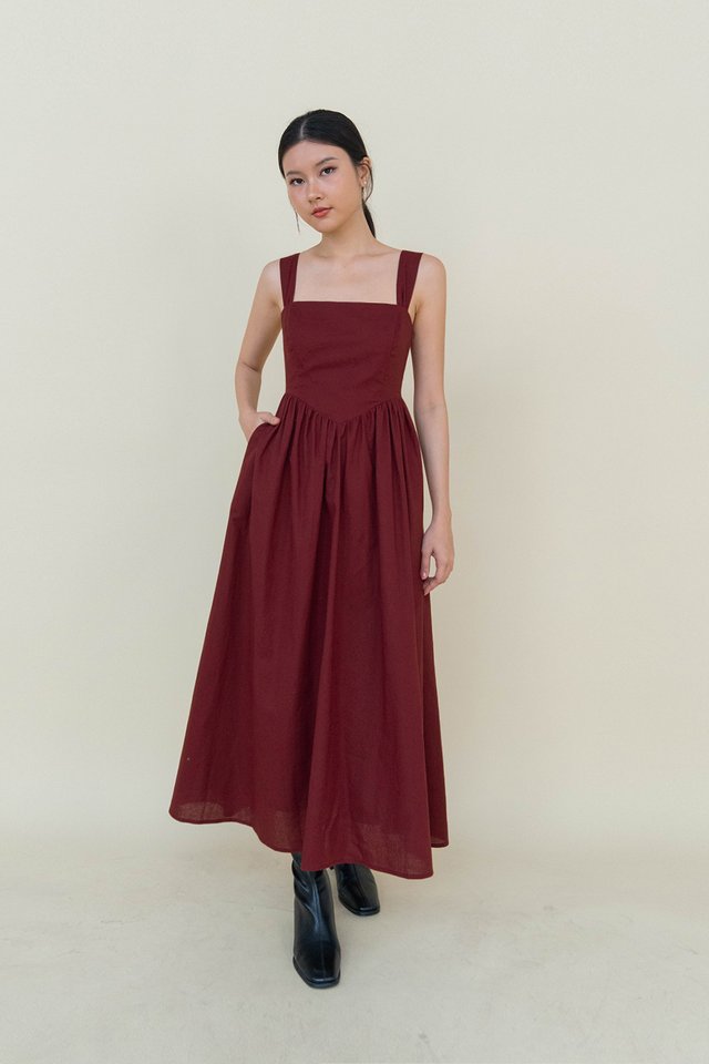 LILY SQUARE NECK LINEN DRESS DEEP RED