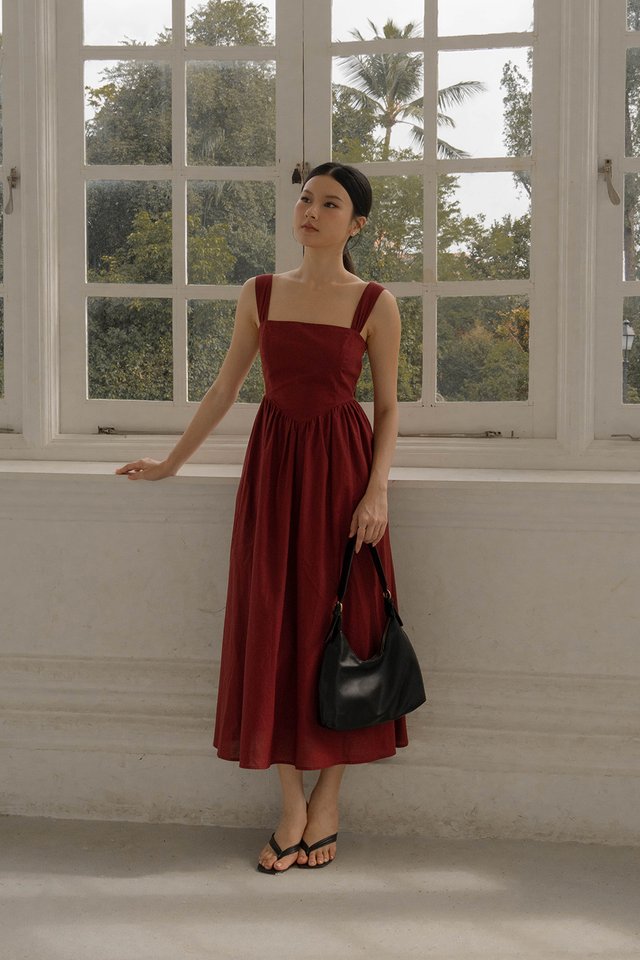 LILY SQUARE NECK LINEN DRESS DEEP RED