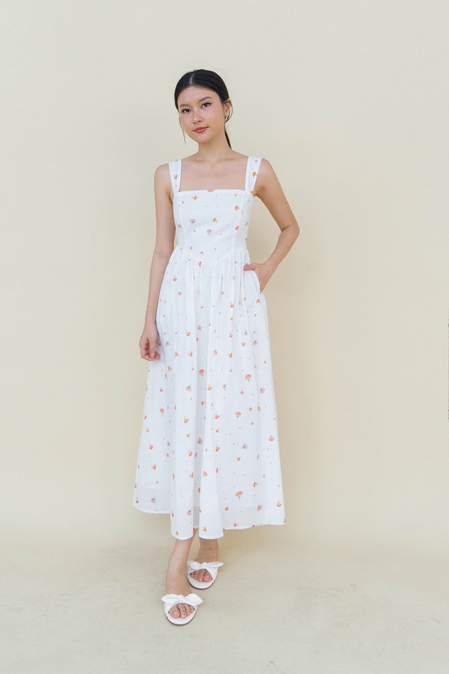 LILY SQUARE NECK LINEN DRESS WHITE FLORAL