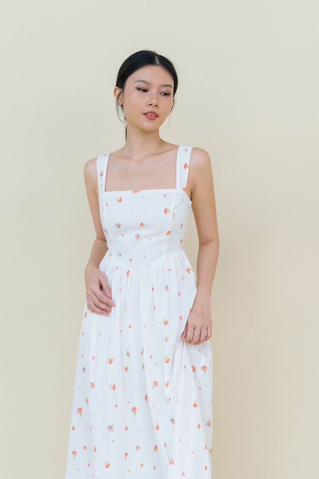 LILY SQUARE NECK LINEN DRESS WHITE FLORAL