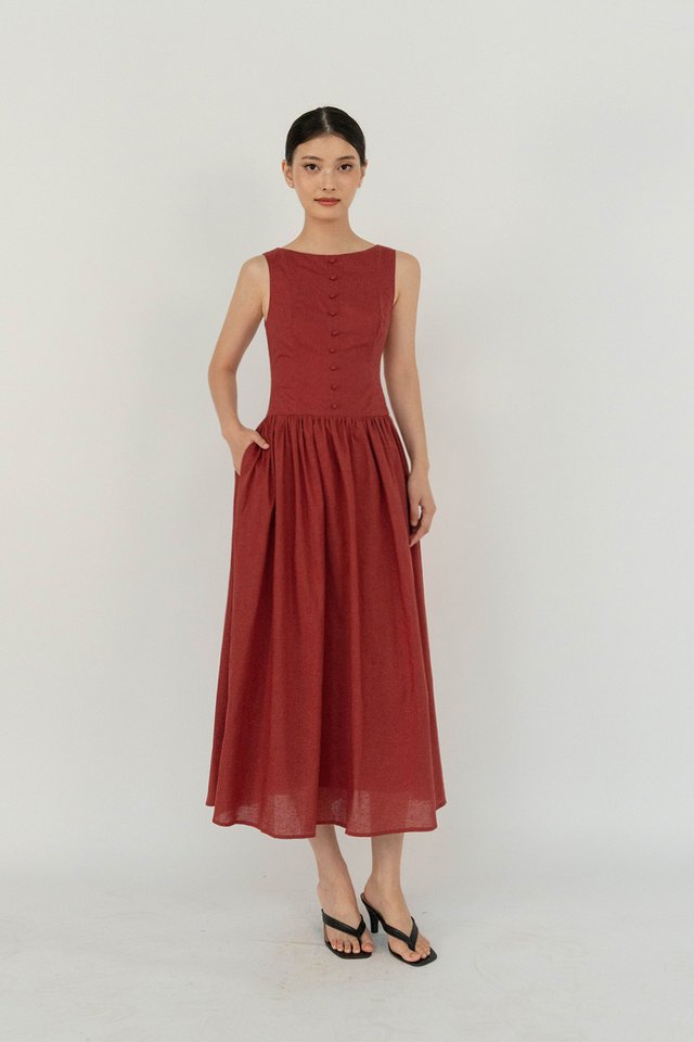 MEADOW BUTTON LINEN DRESS AMBER