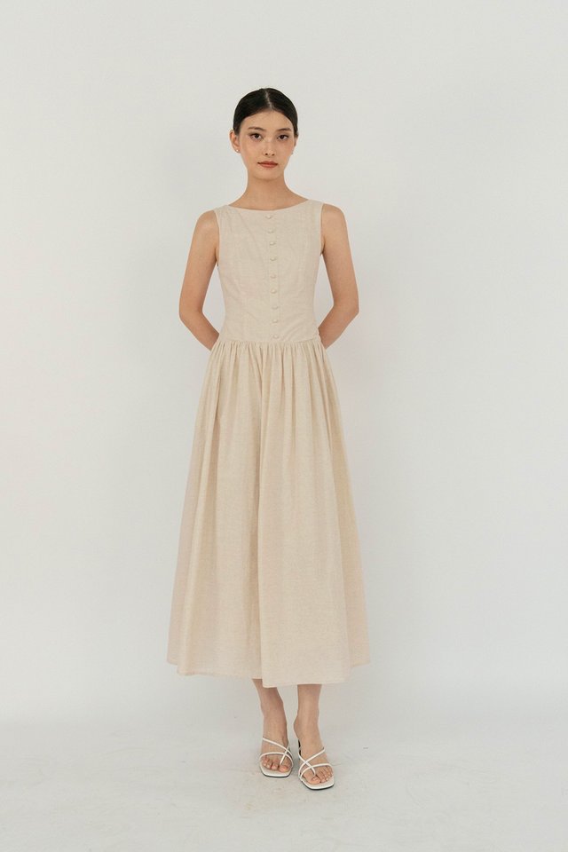 MEADOW BUTTON LINEN DRESS SAND