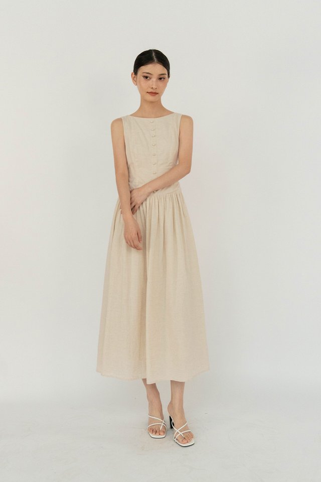 MEADOW BUTTON LINEN DRESS SAND