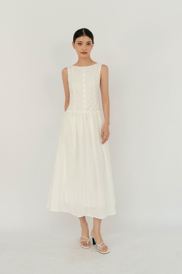MEADOW BUTTON LINEN DRESS WHITE