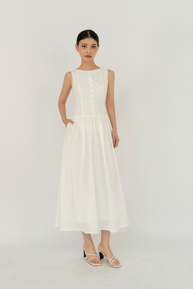 MEADOW BUTTON LINEN DRESS WHITE