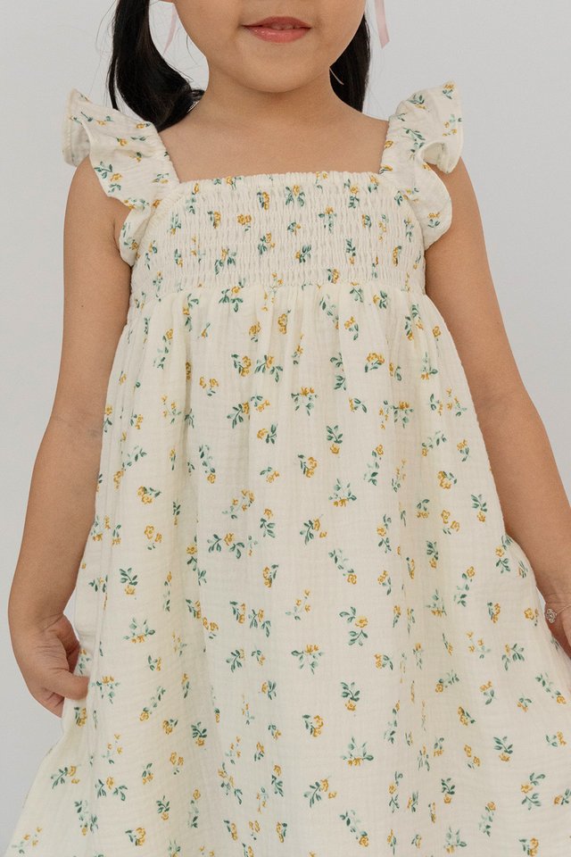 PETRINA MUSLIN COTTON FLORAL MINI GIRL DRESS YELLOW