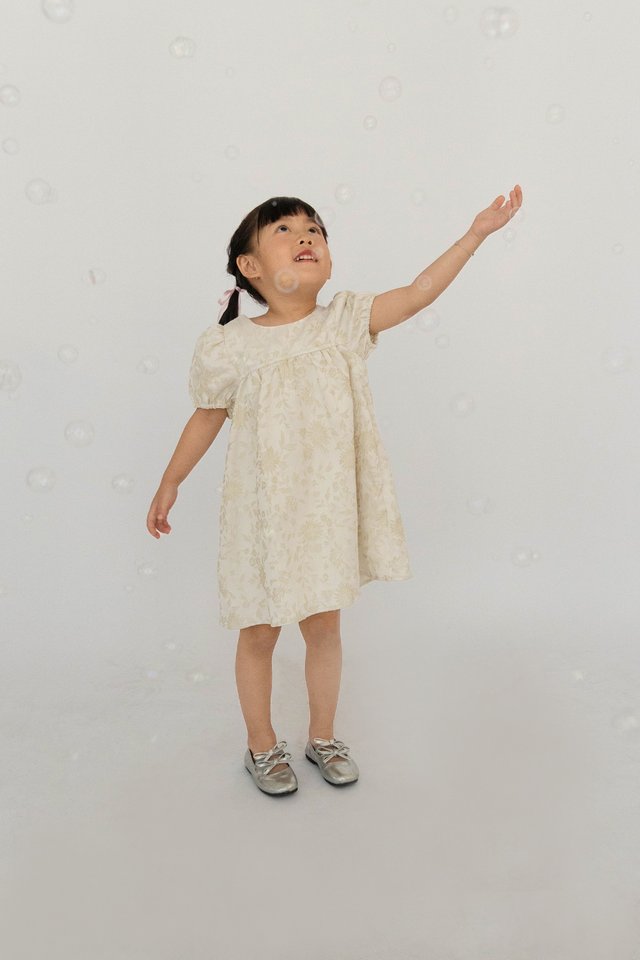 QIAO PUFF SLEEVE BROCADE MINI GIRL DRESS GOLD
