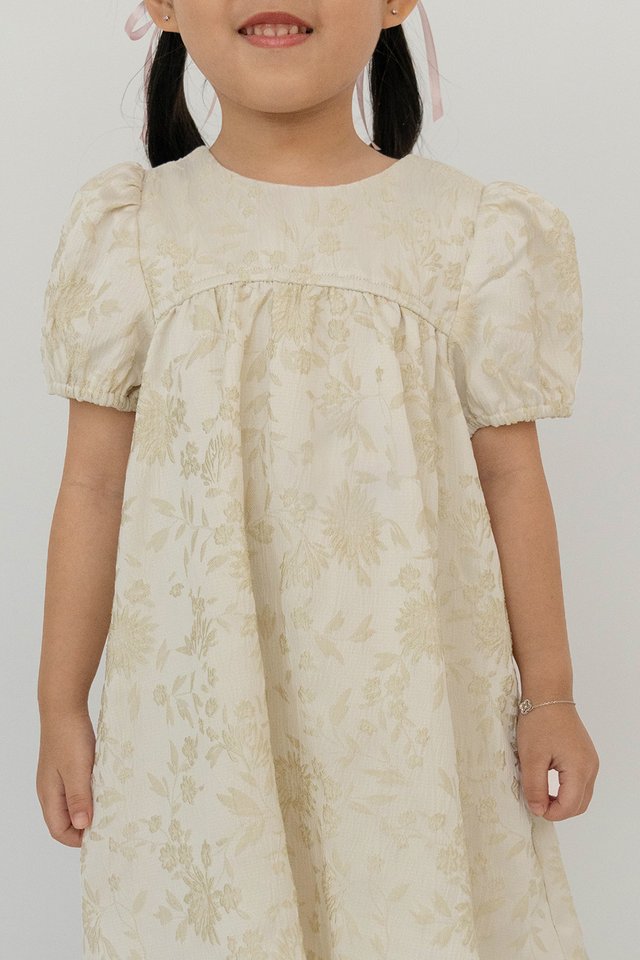 QIAO PUFF SLEEVE BROCADE MINI GIRL DRESS GOLD