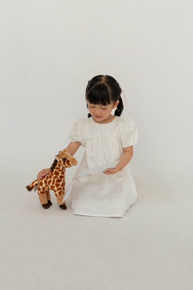 QIAO PUFF SLEEVE BROCADE MINI GIRL DRESS PEARL