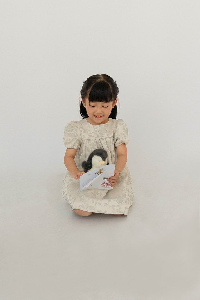 QIAO PUFF SLEEVE BROCADE MINI GIRL DRESS SILVER