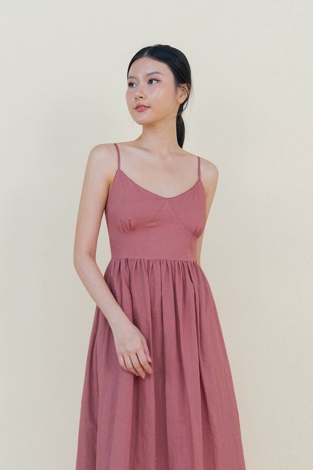 SCARLETT CROCHET TRIM LINEN PADDED DRESS PINK