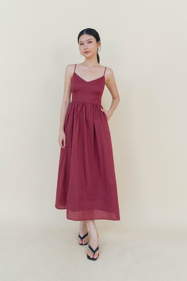 SCARLETT CROCHET TRIM LINEN PADDED DRESS RASPBERRY