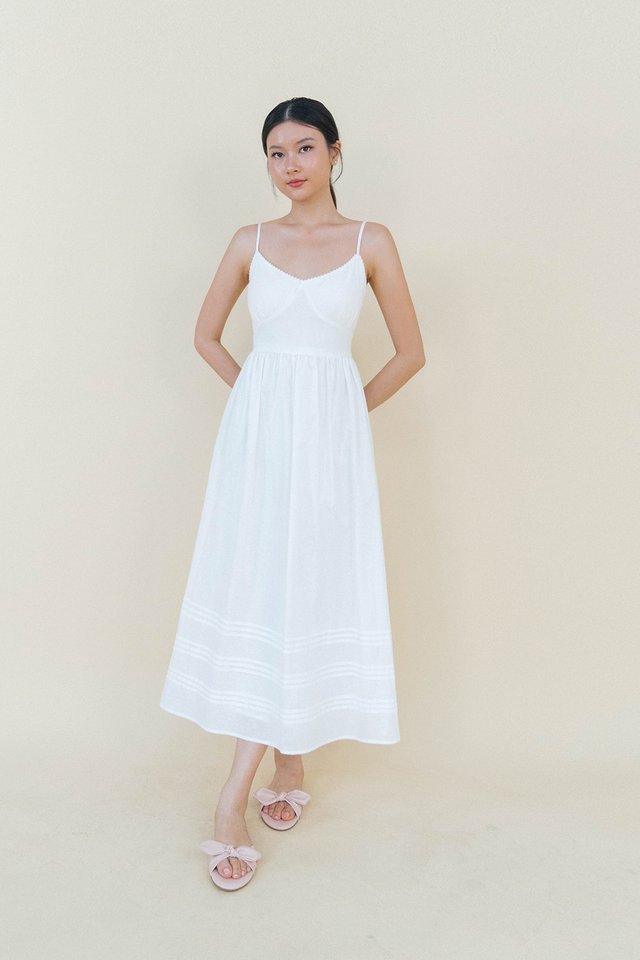 SCARLETT CROCHET TRIM LINEN PADDED DRESS WHITE