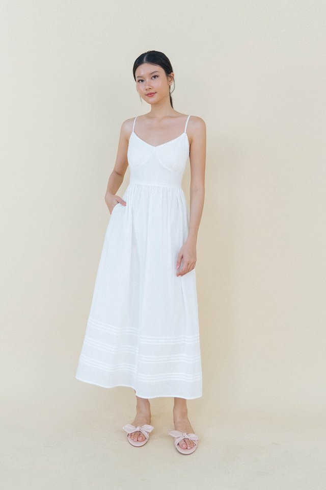 SCARLETT CROCHET TRIM LINEN PADDED DRESS WHITE