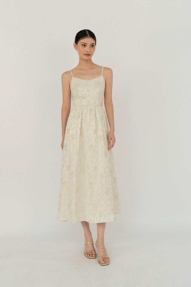 WEN FLORAL BROCADE DRESS GOLD