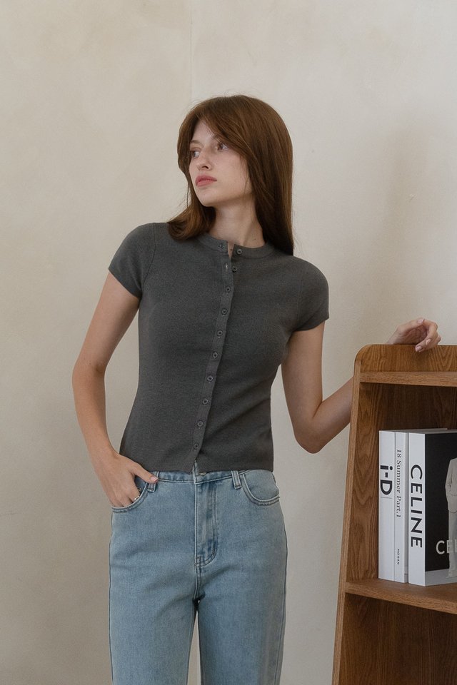 ELIZABETH CAPSLEEVE BUTTON KNIT TOP SLATE