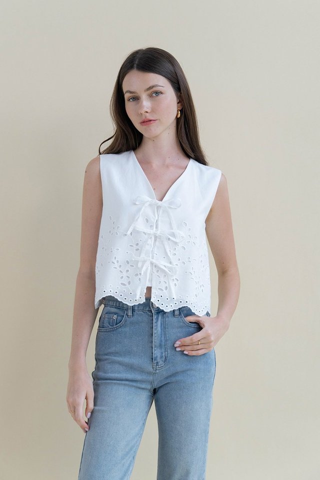 MADELYN BRODERIE RIBBON VEST TOP WHITE