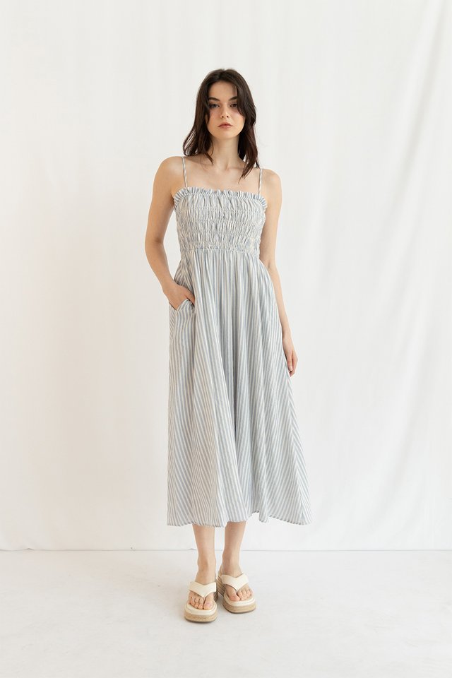 BRENNA STRIPED LINEN DRESS BLUE
