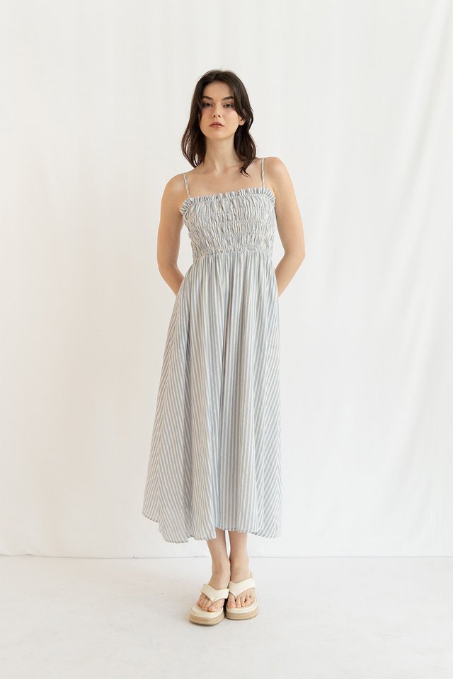 BRENNA STRIPED LINEN DRESS BLUE