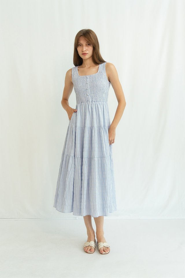 (PREORDER) GILLIAN RUCHED BODICE DRESS BLUE GINGHAM