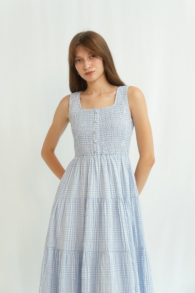 (PREORDER) GILLIAN RUCHED BODICE DRESS BLUE GINGHAM