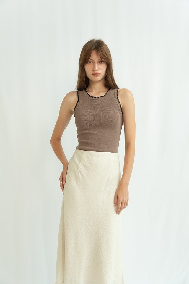JANIE CONTRAST TRIM KNIT TANK TOP TAUPE