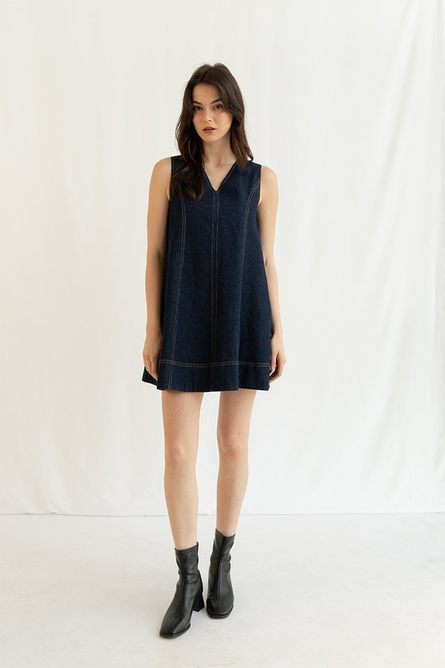 KARINA DENIM FLARE DRESS DARK WASH