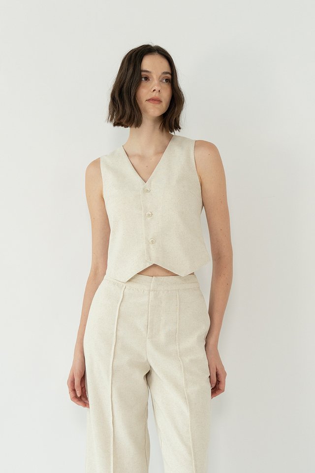 AIKO LINEN VEST TOP SAND