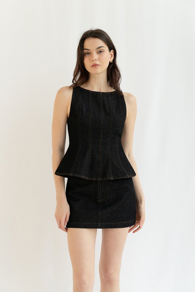 BRIDGET DENIM PANEL TOP BLACK