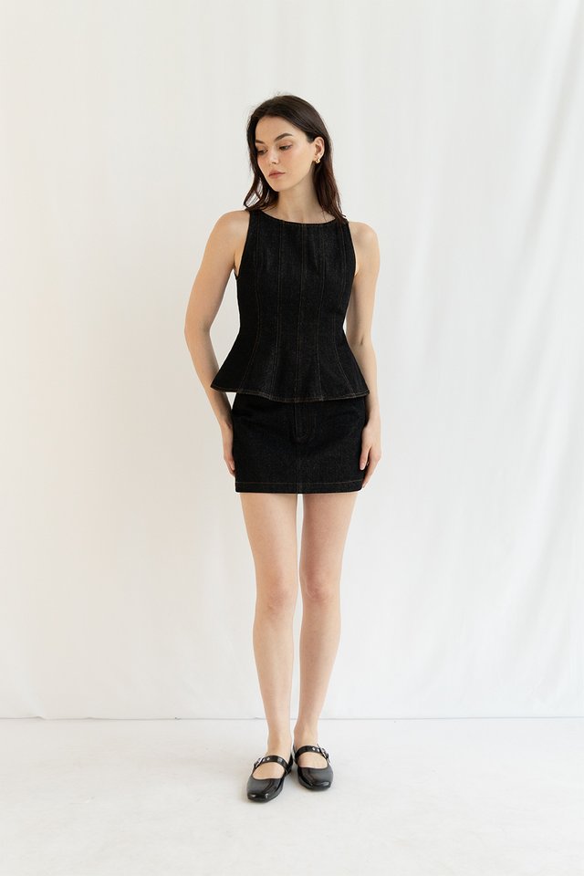 BRIDGET DENIM PANEL TOP BLACK