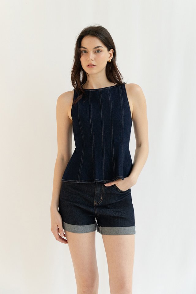 BRIDGET DENIM PANEL TOP DARK WASH