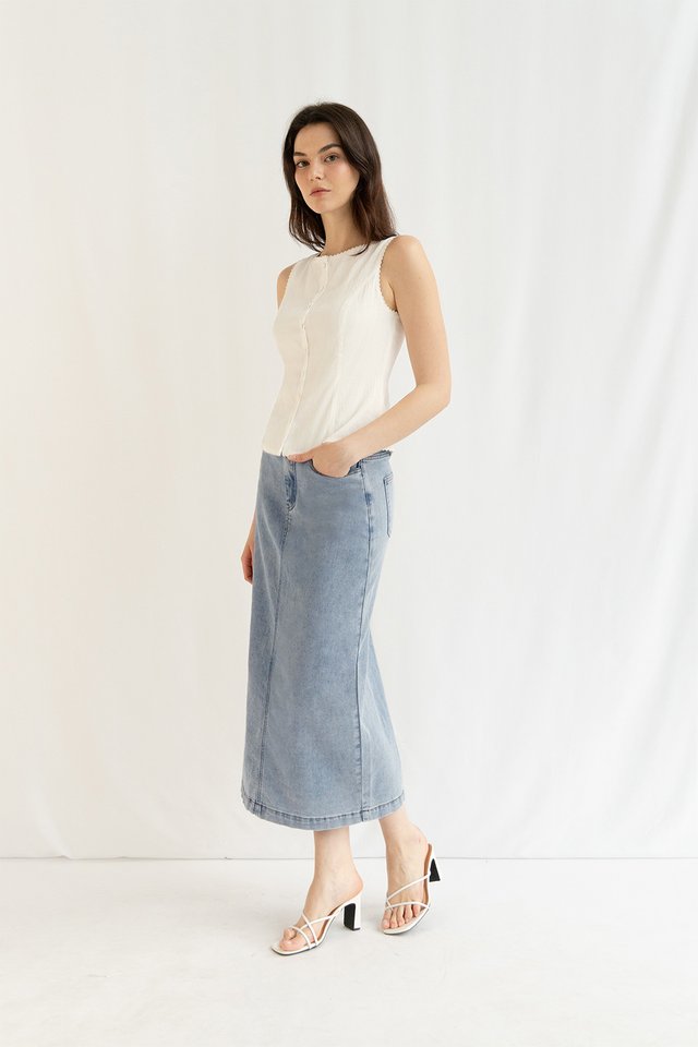 CARY DENIM COLUMN SKIRT MIDWASH