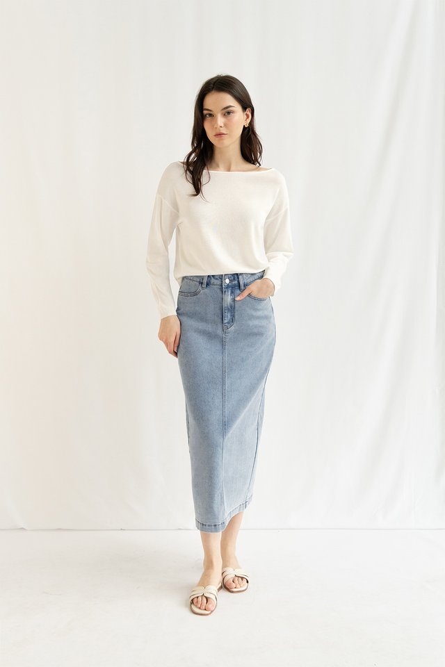CARY DENIM COLUMN SKIRT MIDWASH