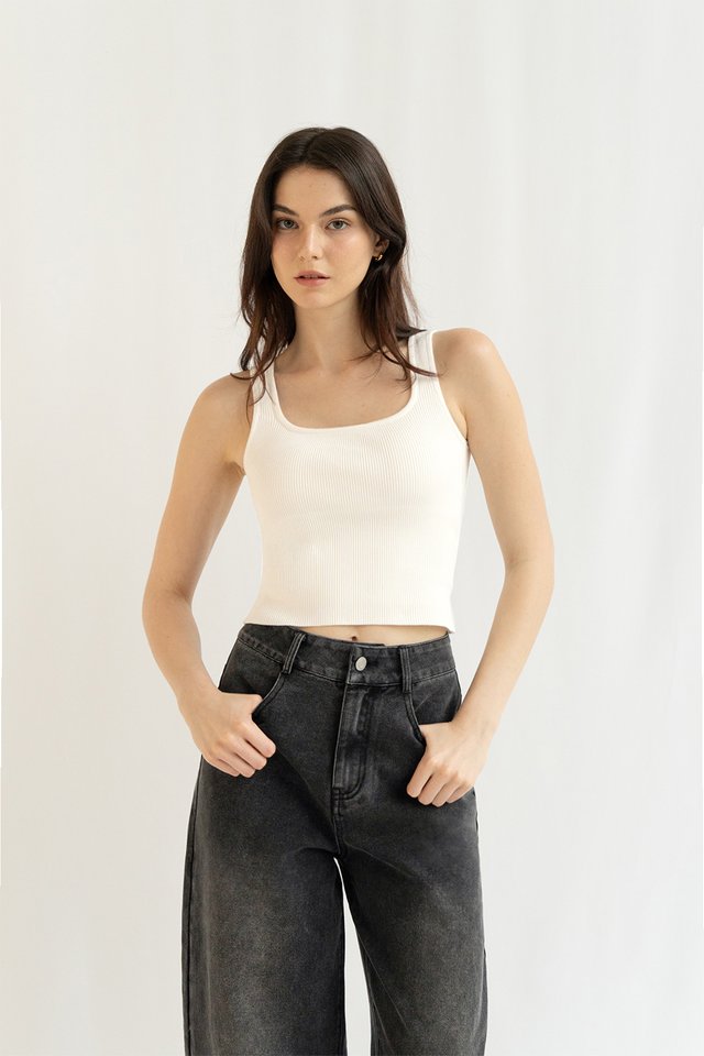 CHARLIZE RIBBED KNIT TANK TOP (PADDED) WHITE