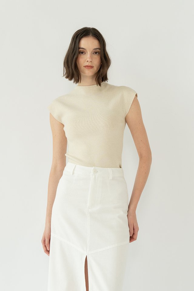 JASLIN SOFT KNIT FUNNEL NECK TOP COCONUT