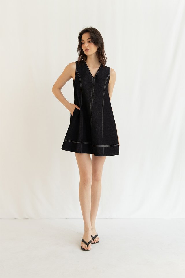 KARINA DENIM FLARE DRESS BLACK