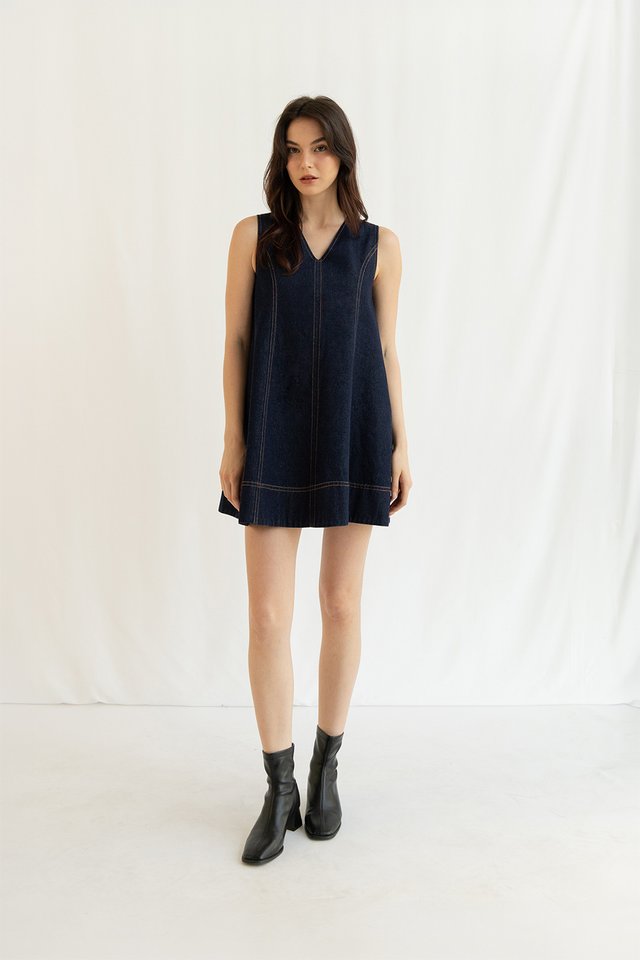 KARINA DENIM FLARE DRESS DARK WASH