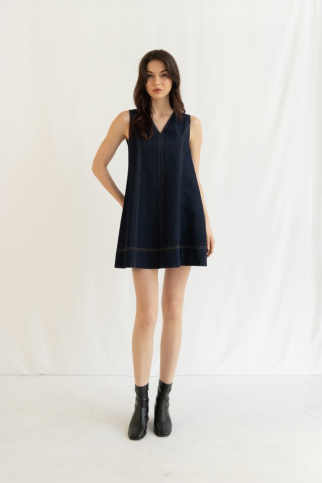 KARINA DENIM FLARE DRESS DARK WASH
