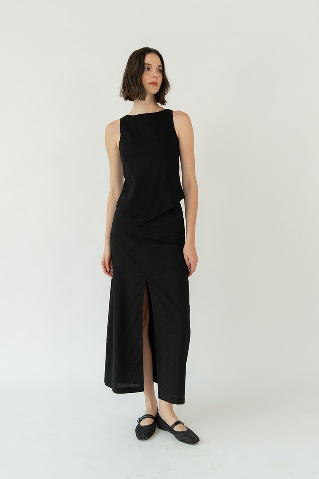 LARA LINEN PANELLED SKIRT BLACK