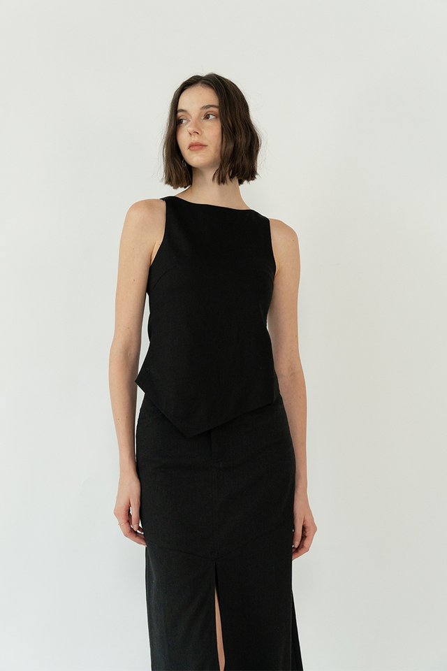 RIN LINEN ASYMMETRICAL TOP BLACK