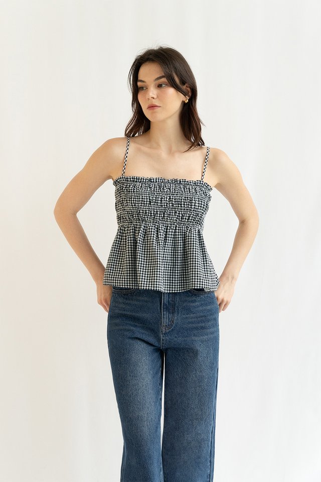 TALLULA GINGHAM BABYDOLL TOP BLACK