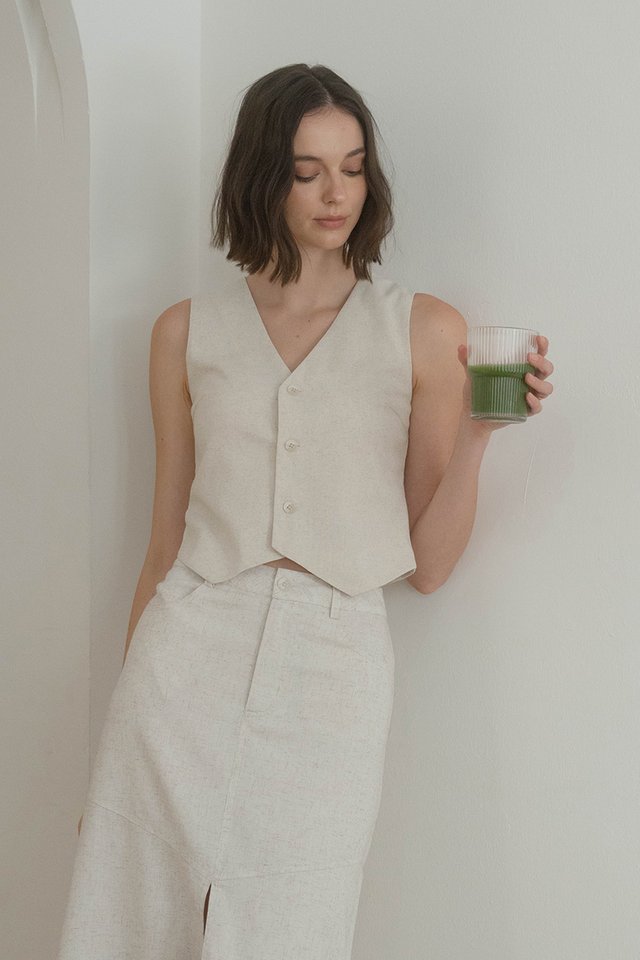 AIKO LINEN VEST TOP SAND