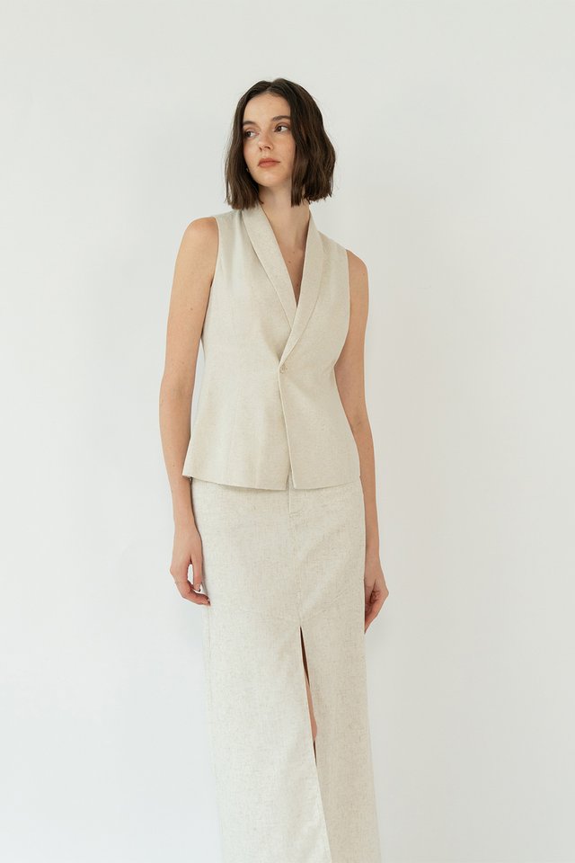 ERINA LINEN BLAZER VEST TOP SAND