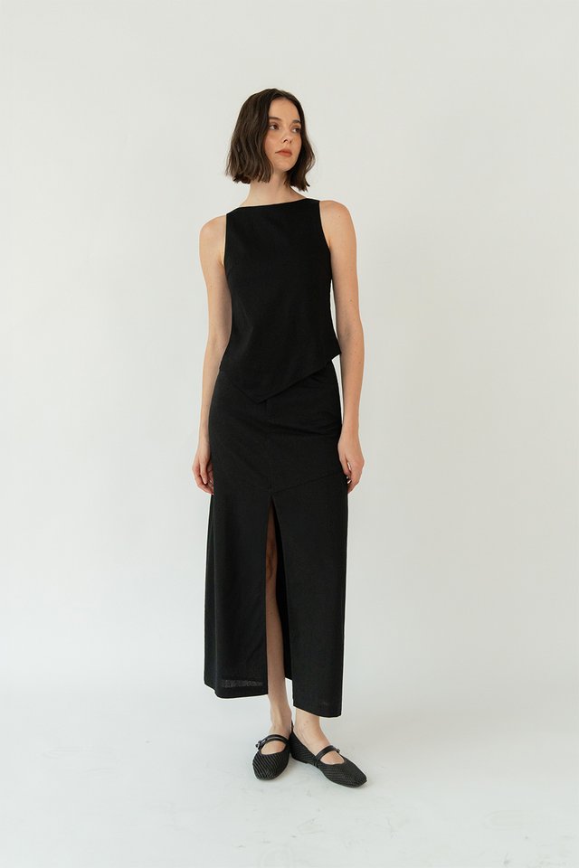 LARA LINEN PANELLED SKIRT BLACK