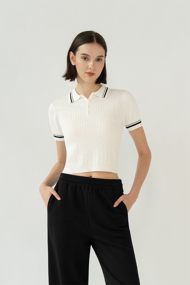 MORGAN KNIT POLO TOP WHITE