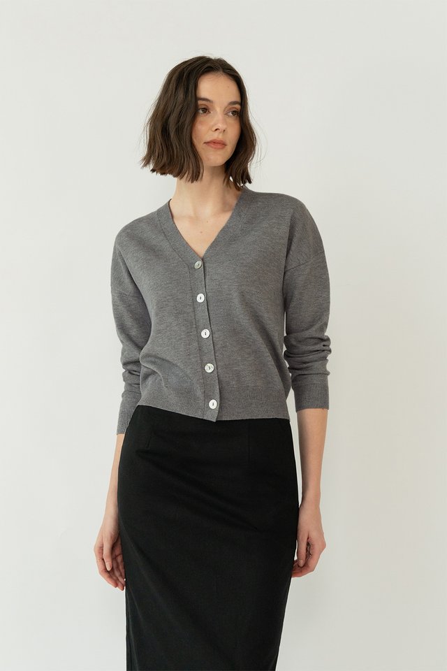 ROSSI BUTTON FRONT KNIT CARDIGAN TOP DARK HEATHER