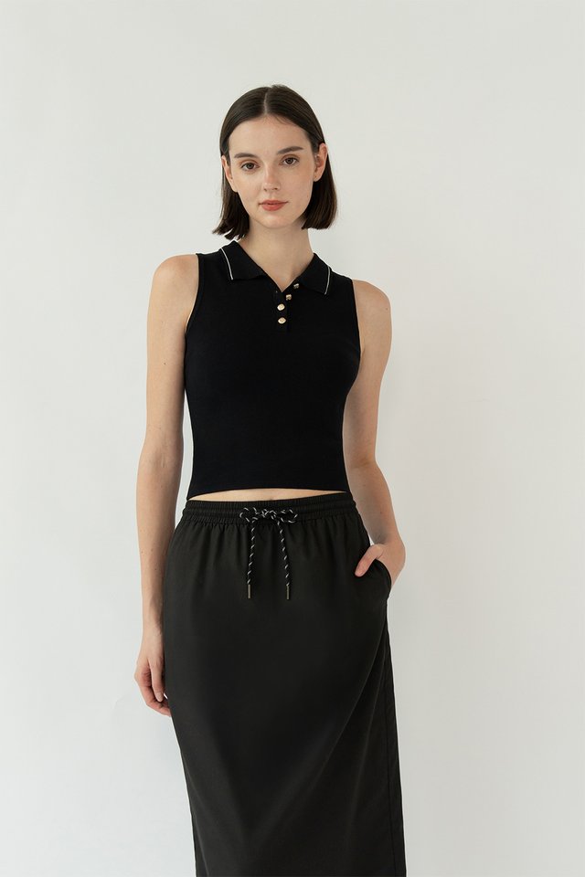 TAYLOR SLEEVELESS KNIT POLO TOP BLACK