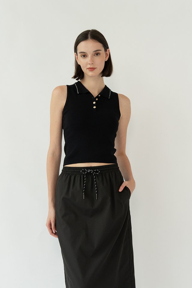TAYLOR SLEEVELESS KNIT POLO TOP BLACK