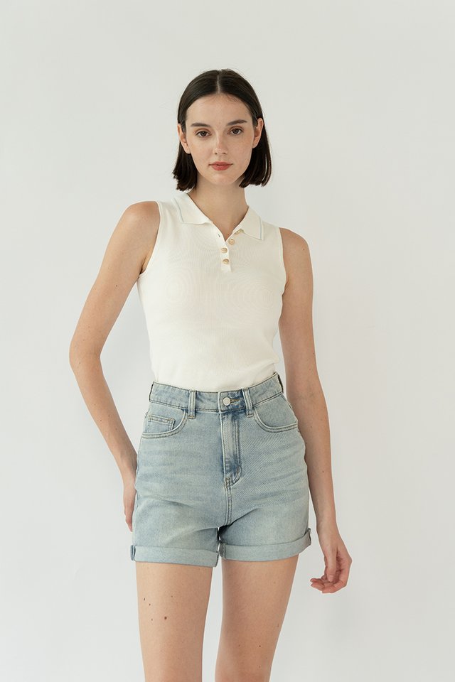 TAYLOR SLEEVELESS KNIT POLO TOP CREAM