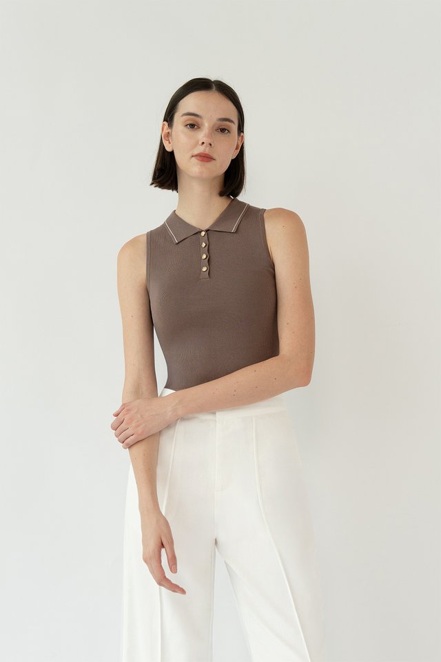 TAYLOR SLEEVELESS KNIT POLO TOP ETOUPE
